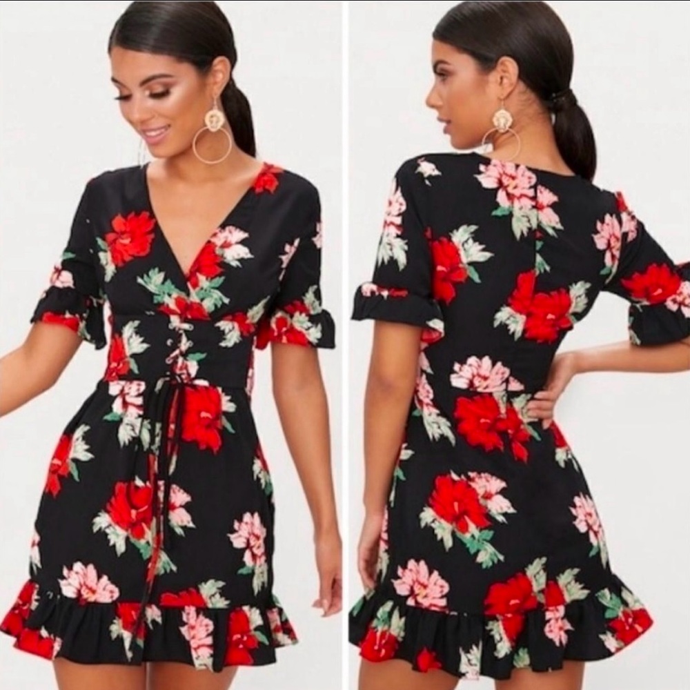 Pretty Little Thing Red Black Floral Corset Dress Dress Size 8 NEW #334